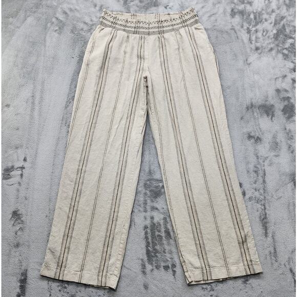 Maurices Pants Womens L Beige Striped Linen Smocked Wide Leg Flowy Casual Hippie - Picture 1 of 11